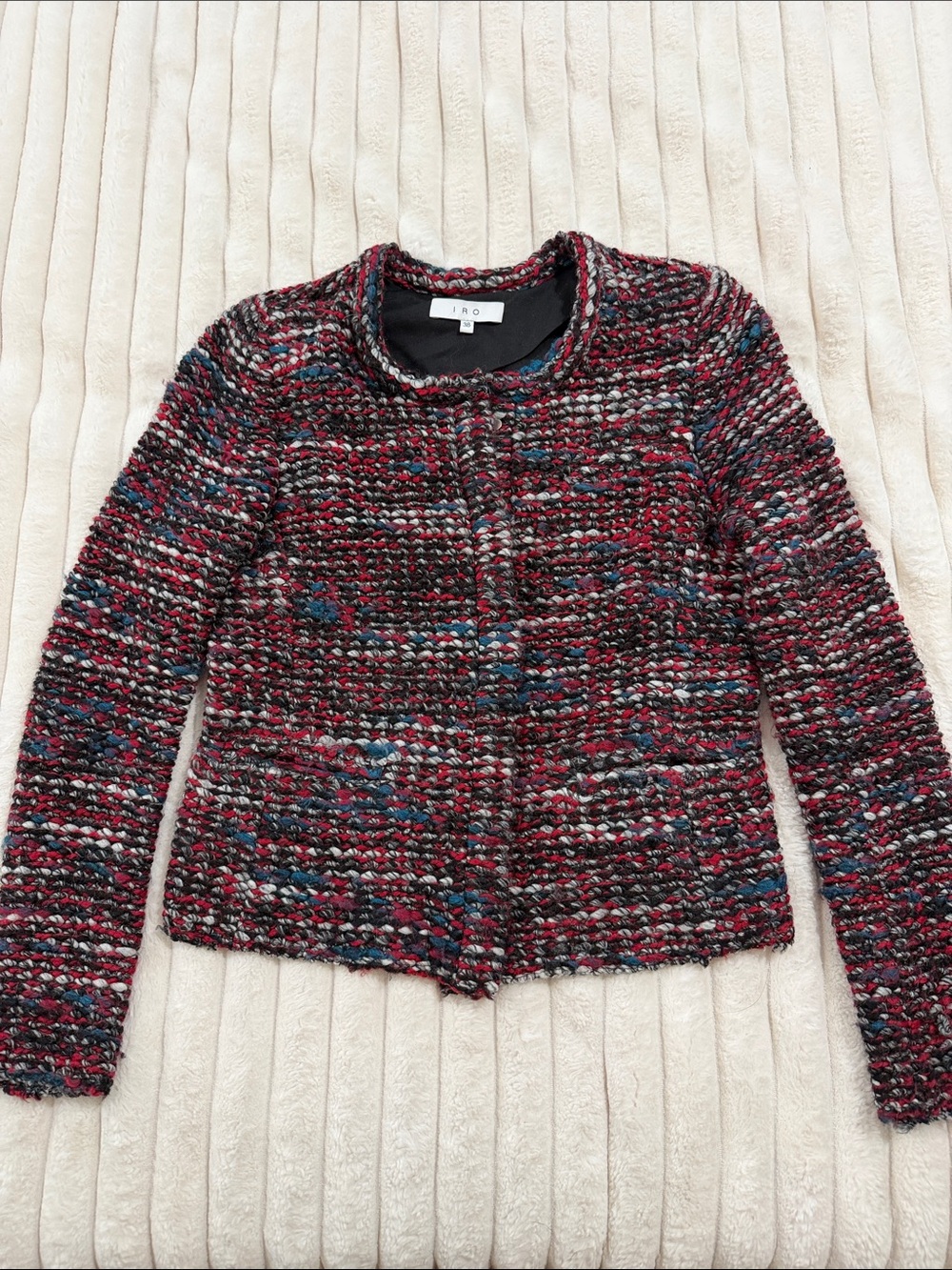 IRO wool Multicolor Bouclé Knit Jacket - Red Mix with Blue Accents/ pockets